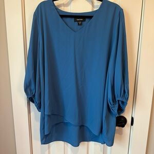 Karen Kane Blue Asymmetrical Bell Sleeve Blouse
